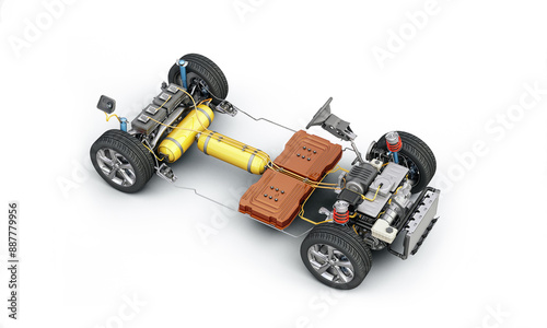 Hydrogen car technical under carriage 3D rendering.