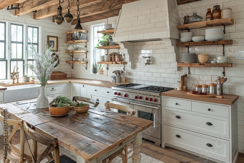 Farmhouse Kitchen A farmhouse-style kitchen with white shaker cabinets, a farmhouse sink, and open shelving. Include a large wooden dining table and vintage kitchen accessories.