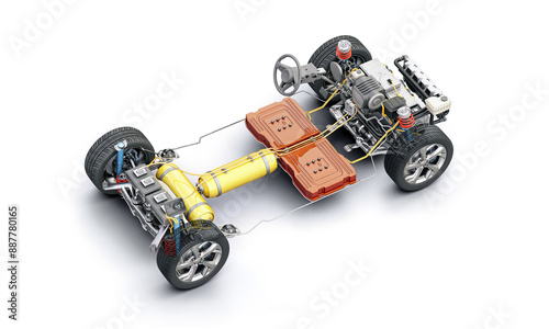 Hydrogen car technical under carriage 3D rendering.