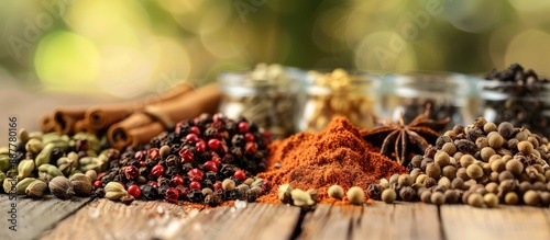 Fototapeta Naklejka Na Ścianę i Meble -  Close up of various spices like coriander fennel cinnamon cloves cardamom black pepper and star anise on a wooden surface with a blurred background offering copy space image