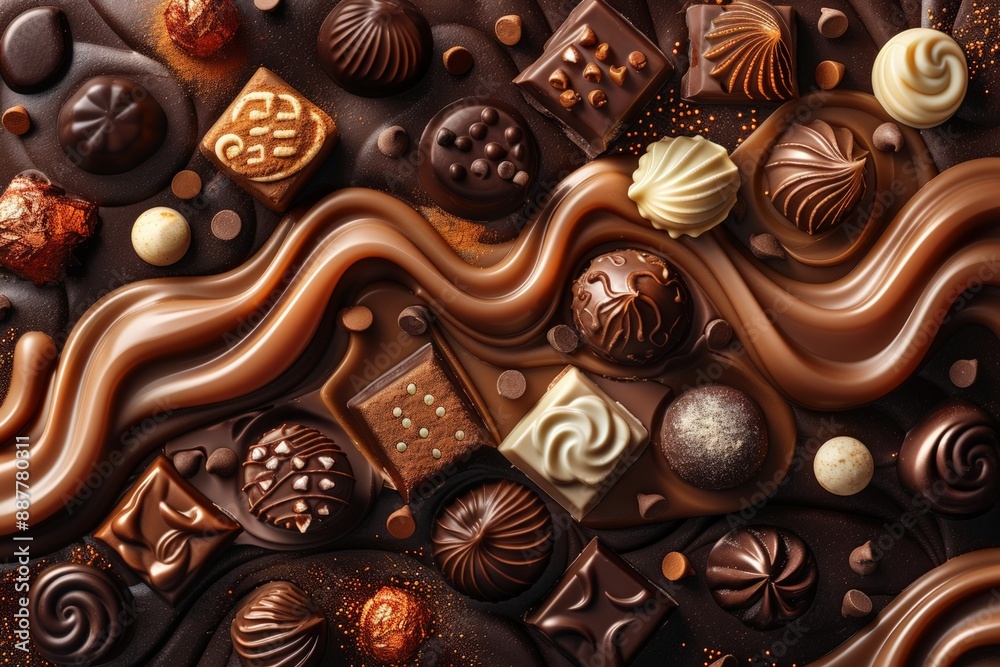 An assortment of gourmet chocolates displayed in various shapes and decorations, showcasing rich, dark, and milk chocolate varieties. An assortment of gourmet chocolates displayed in various shapes and decorations, showcasing rich, dark, and milk chocolate varieties.