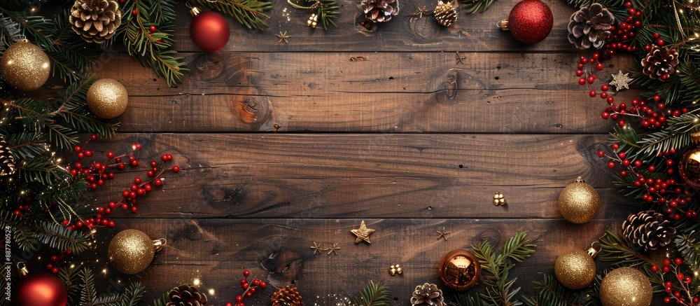 Festive Christmas design on a wooden backdrop for a New Year themed greeting card with ample copy space image captured in a flat lay top view Festive Christmas design on a wooden backdrop for a New Year themed greeting card with ample copy space image captured in a flat lay top view