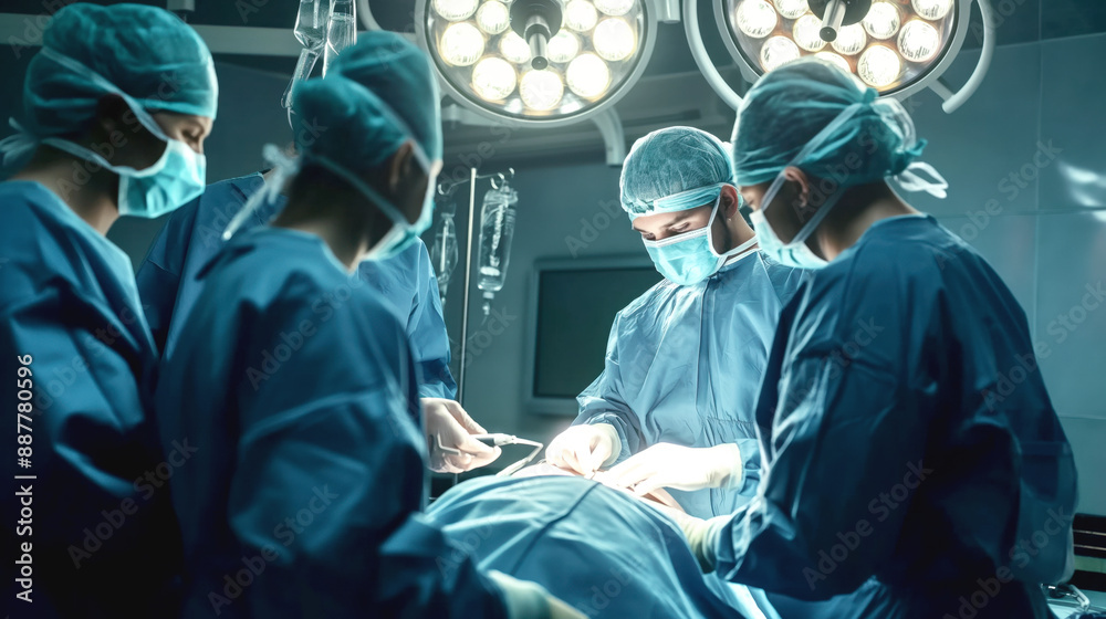 A team of surgeons performing surgery on a patient in an operating room under bright surgical lights. A team of surgeons performing surgery on a patient in an operating room under bright surgical lights.