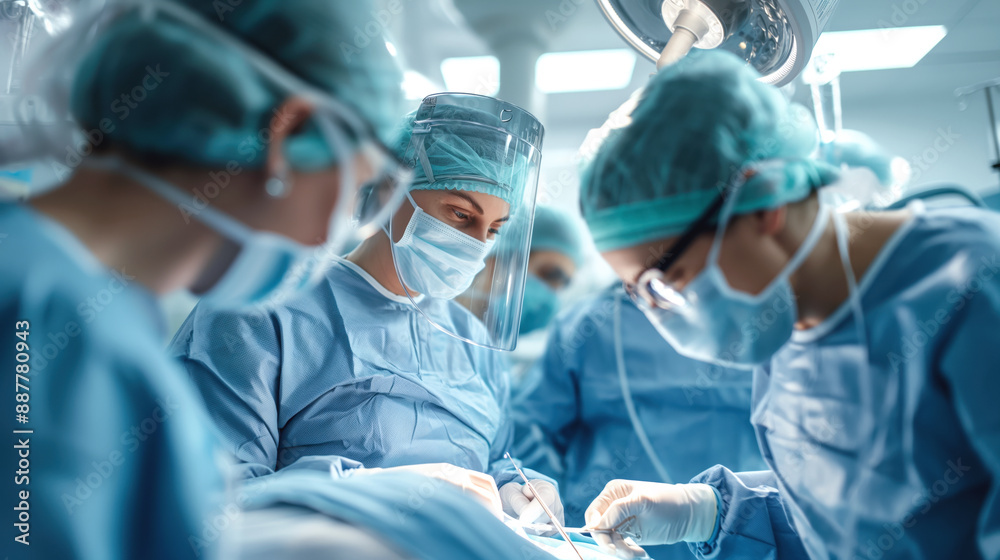 Team of surgeons performing surgery in an operating room, wearing surgical masks, gloves, gowns, and face shields under bright surgical lights. Team of surgeons performing surgery in an operating room, wearing surgical masks, gloves, gowns, and face shields under bright surgical lights.