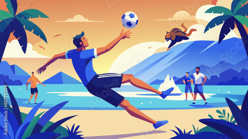 A lion scores in upside down football, beach scene and audience are jungle animals