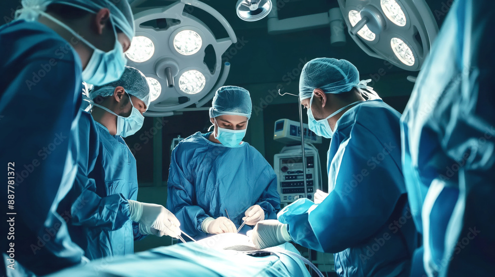 A surgical team operates in a well-lit operating room. The surgeons are wearing blue surgical gowns, masks, and gloves, focusing intently on the procedure. A surgical team operates in a well-lit operating room. The surgeons are wearing blue surgical gowns, masks, and gloves, focusing intently on the procedure.