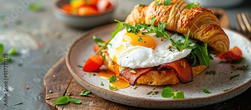 Breakfast plate featuring a...