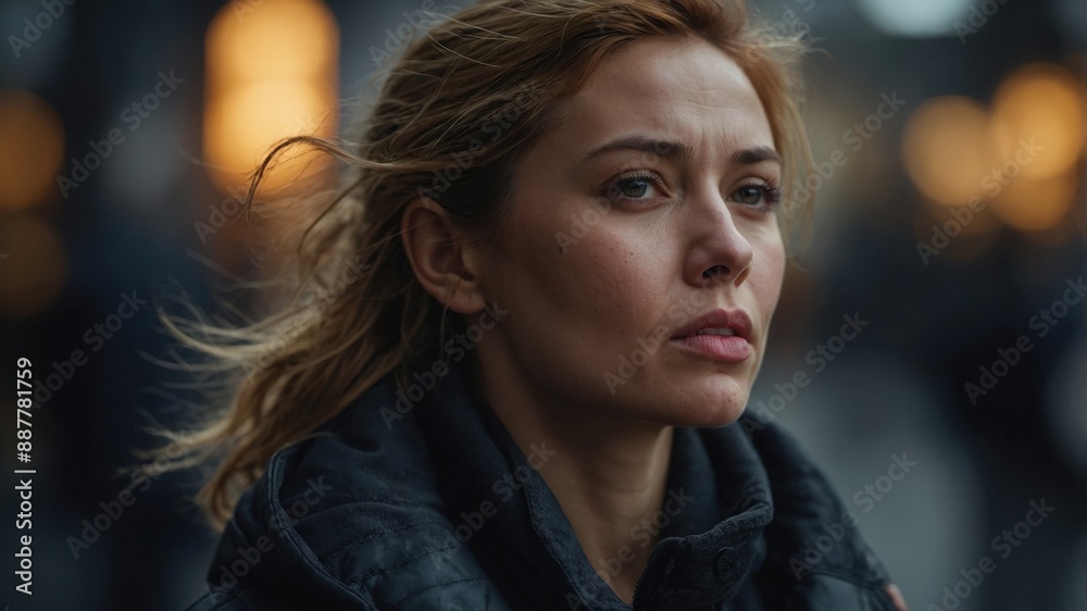 A determined woman with tied-back hair and a winter jacket stands on a busy city street, illuminated by warm lights, reflecting focus and resolve.
A determined woman with tied-back hair and a winter jacket stands on a busy city street, illuminated by warm lights, reflecting focus and resolve.