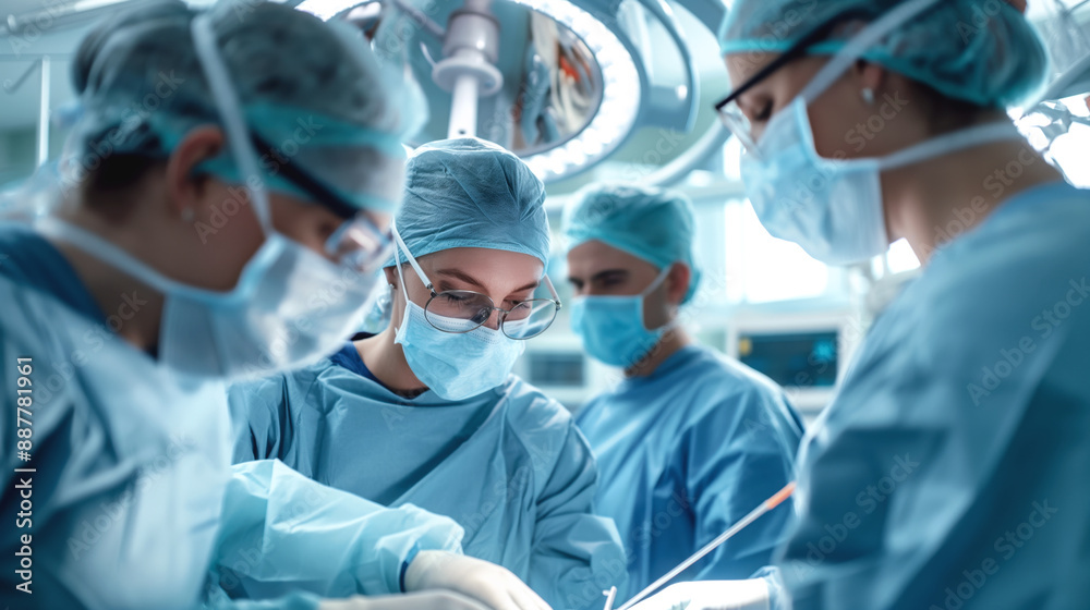 Surgeons performing an operation in an operating room, wearing masks, gloves, and scrubs under surgical lights. Surgeons performing an operation in an operating room, wearing masks, gloves, and scrubs under surgical lights.