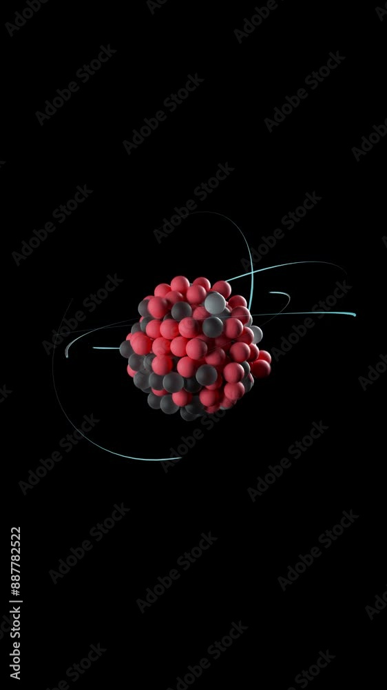 Unstable uranium atom, nucleus composed of neutrons and protons and spin electrons orbiting around it, 3D rendering of standard atomic model. Particle physics concept. Vertical Video