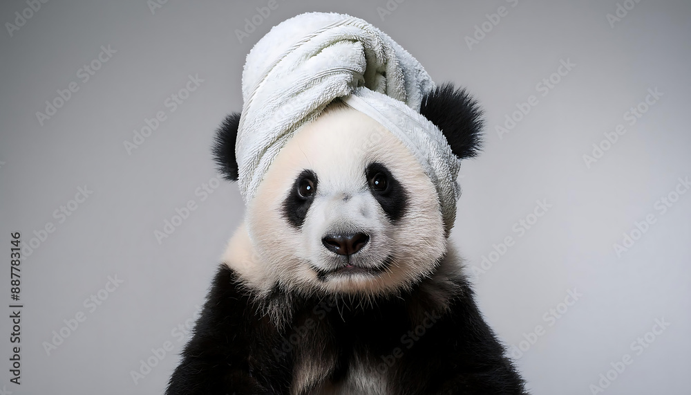 Fototapeta premium Panda with Towel Wrapped Around Its Head