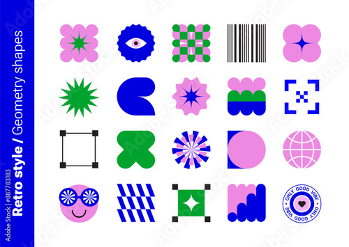 Set of Y2k naive purple square elements. Simple geometry shapes for composition. Quirky freeform objects. Trendy geometry stickers. Flat design. Minimalist style. Vectored shapes, retro vibes