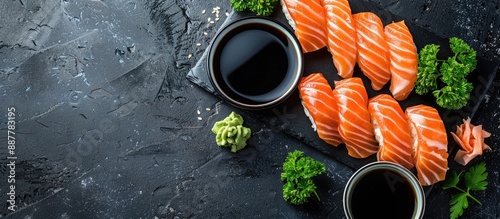 Top view of a sashimi set featuring raw salmon slices accompanied by funchosa parsley wasabi and soy sauce on a dark table with available copy space image photo