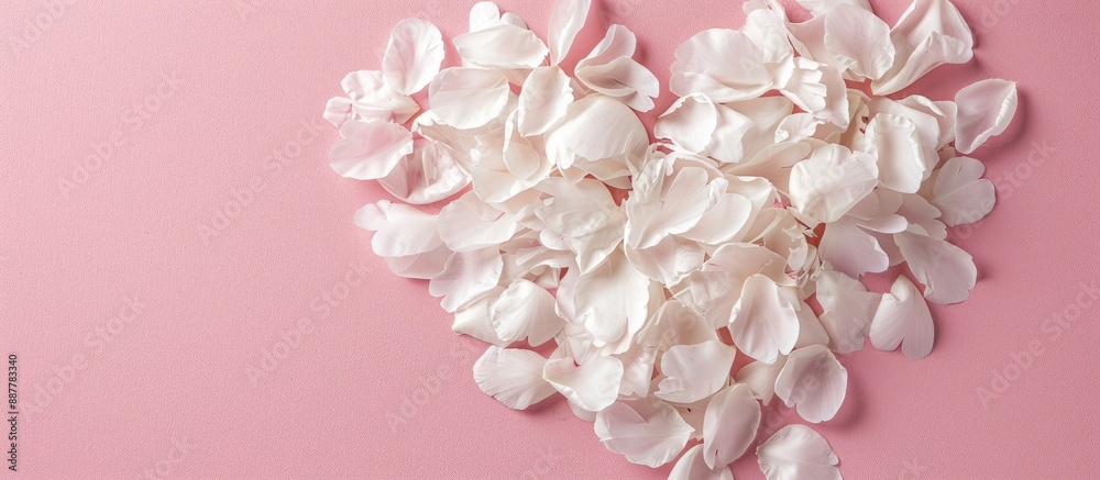Heart shaped peony petals in white placed on a pink background symbolize love in a flat lay top down view making it ideal for decoration wallpaper or posters with a copy space image Heart shaped peony petals in white placed on a pink background symbolize love in a flat lay top down view making it ideal for decoration wallpaper or posters with a copy space image