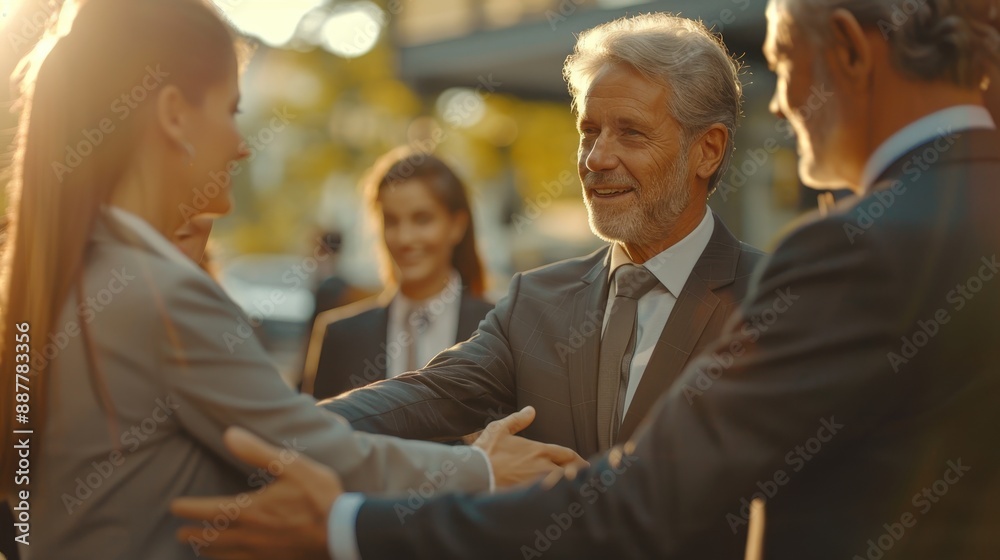 A group of people are shaking hands, including a man with a beard A group of people are shaking hands, including a man with a beard