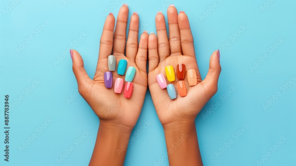 Top view of woman s hands displaying nail color samples on blue background Top view of woman s hands displaying nail color samples on blue background