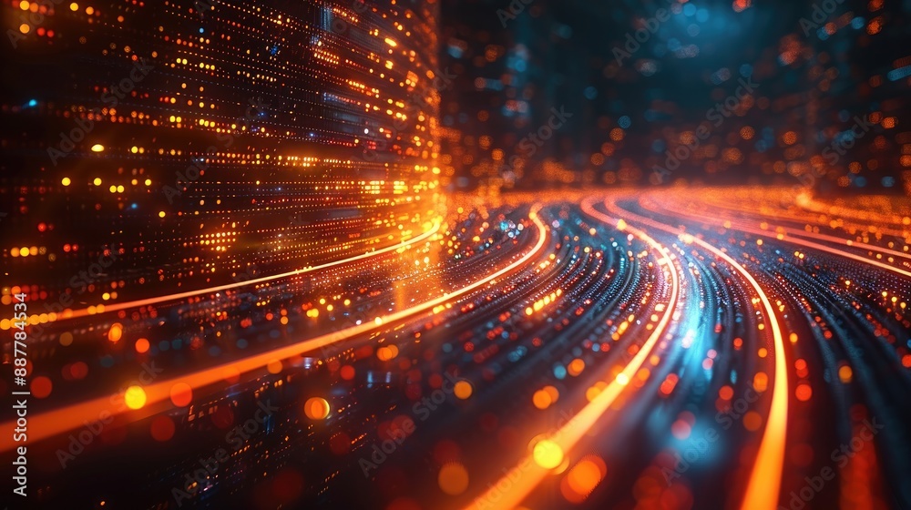 Abstract futuristic data network, glowing lines and particles representing fast digital communication and technology infrastructure. Abstract futuristic data network, glowing lines and particles representing fast digital communication and technology infrastructure.