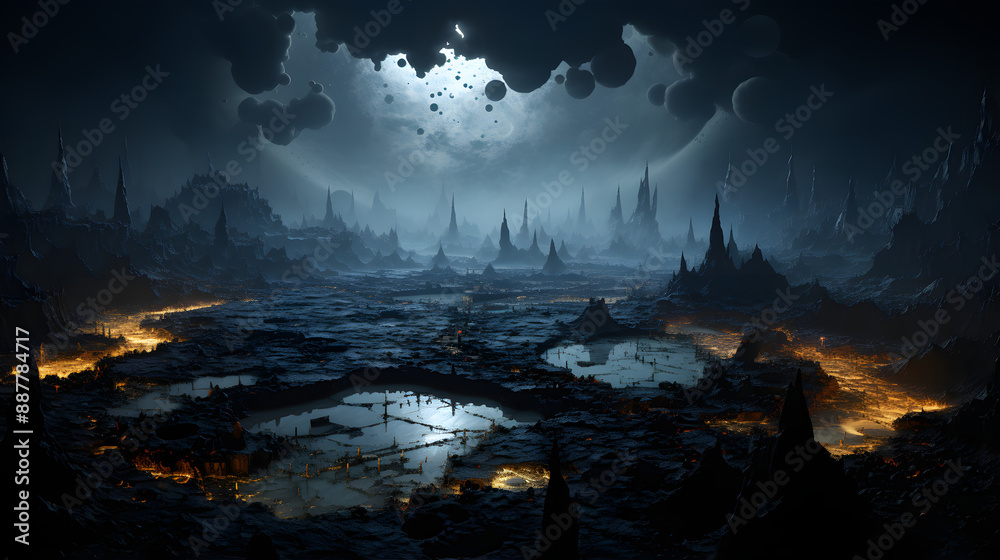 Fototapeta premium A dark, desolate alien world with glowing rivers of lava snaking through jagged, mountainous terrain under a sky filled with moons and asteroids.