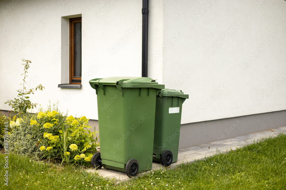 Two Big empty green plastic trash garbage bin in front of the modern house. Plastic pollution problem. Green recycling containers