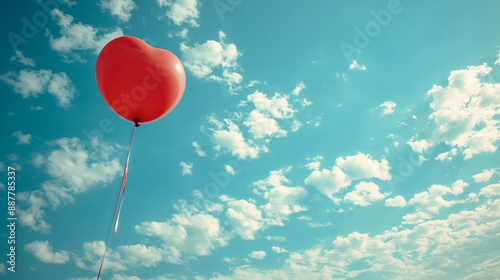 Red heart balloon on blue sky with clouds. Valentines day background, copy space