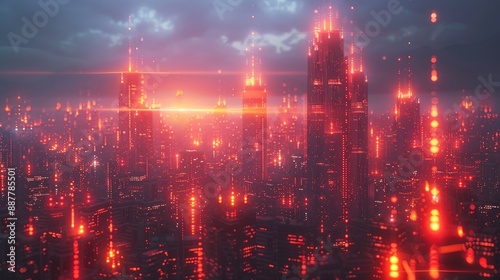 Futuristic cityscape at dusk with glowing neon lights and towering skyscrapers, creating a cyberpunk atmosphere.