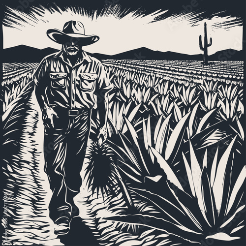 Mexican peasant working on an agave plantation, vector illustration