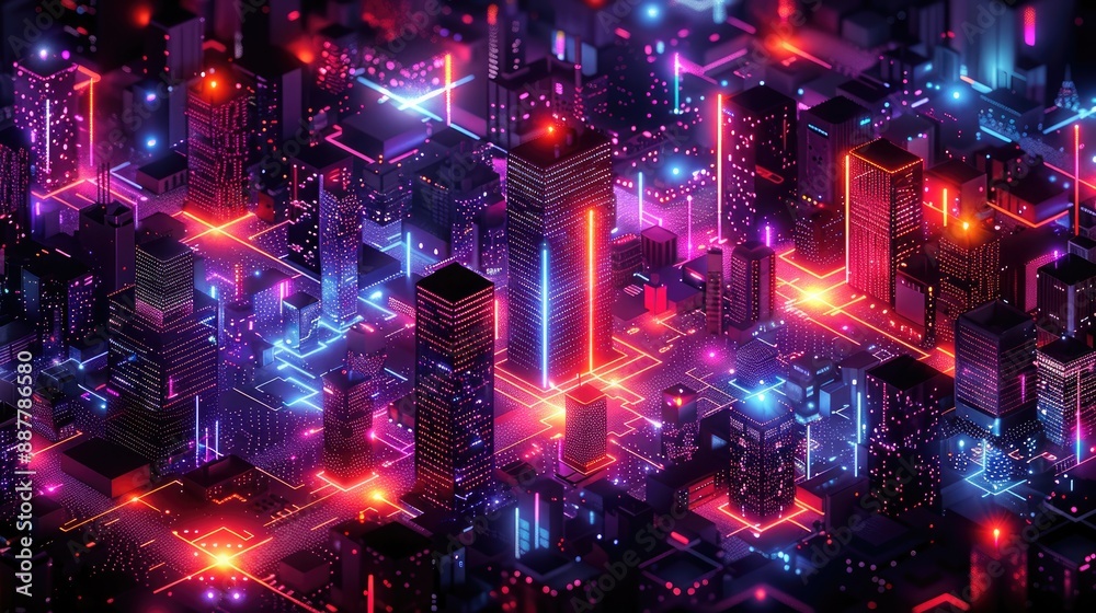 Fototapeta premium Futuristic neon cityscape with glowing skyscrapers and vibrant lights, depicting a modern urban environment at night.