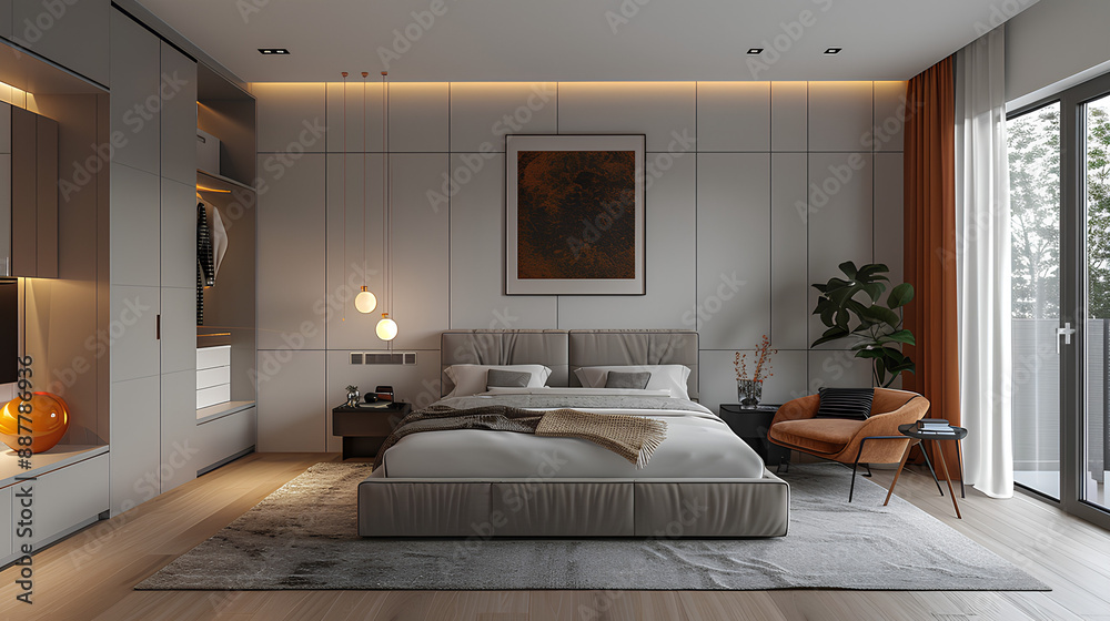 Modern bedroom interior with wooden accent wall, cozy bed, and poufs. Design and home decor concept for posters and print Modern bedroom interior with wooden accent wall, cozy bed, and poufs. Design and home decor concept for posters and print