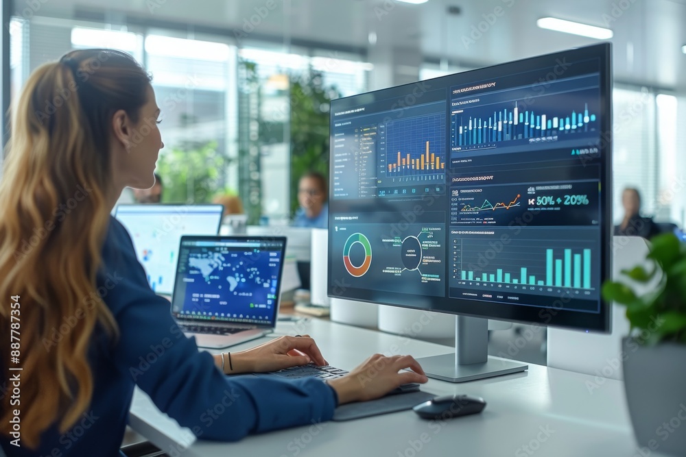 An office staff collaborating on a digital marketing campaign. Modern office setting with natural lighting. Generative AI An office staff collaborating on a digital marketing campaign. Modern office setting with natural lighting. Generative AI