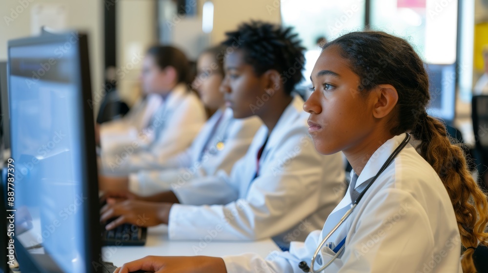 Medical students from diverse backgrounds collaborating and studying on desktop computers in a contemporary university setting Medical students from diverse backgrounds collaborating and studying on desktop computers in a contemporary university setting