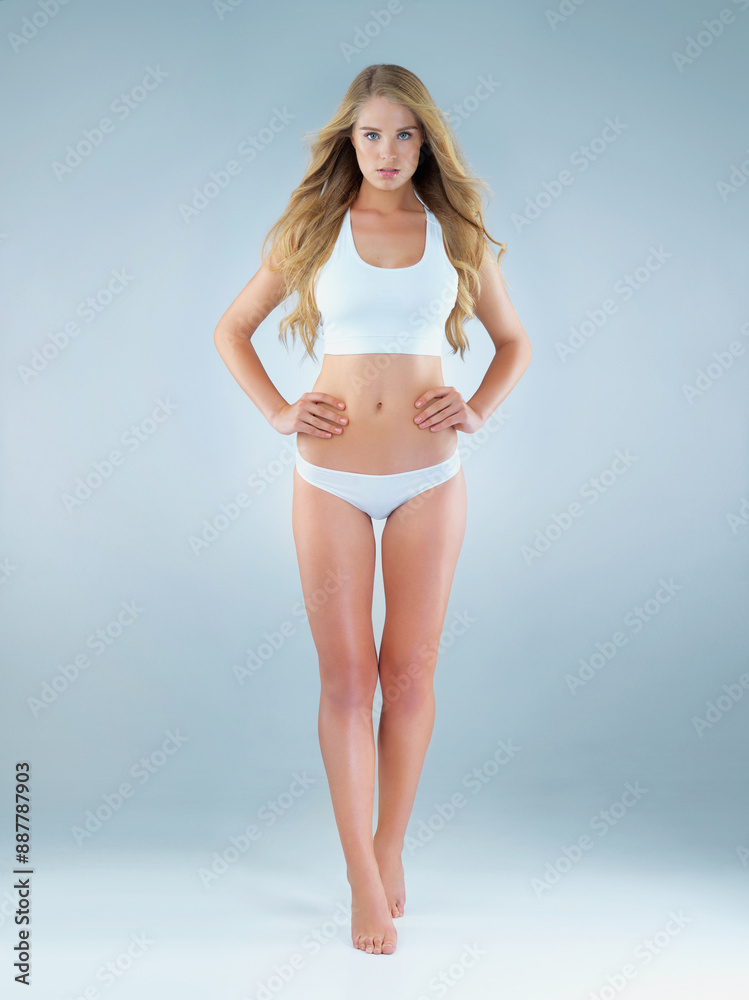 Underwear, woman or portrait in studio for pride, healthy body or self assurance on mockup space. Beauty, female person or hair care on blue background with fitness results, confidence or fearless Underwear, woman or portrait in studio for pride, healthy body or self assurance on mockup space. Beauty, female person or hair care on blue background with fitness results, confidence or fearless