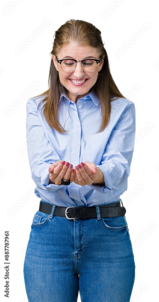 Beautiful middle age mature business woman wearing glasses over isolated background Smiling with hands palms together receiving or giving gesture. Hold and protection Beautiful middle age mature business woman wearing glasses over isolated background Smiling with hands palms together receiving or giving gesture. Hold and protection