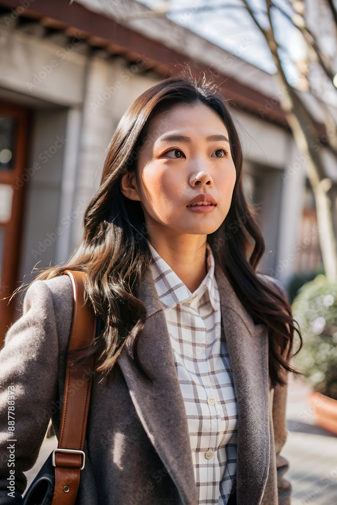 Fototapeta premium Beautiful young Asian woman walking with a straight back, head held high, and a determined look, expressing confidence