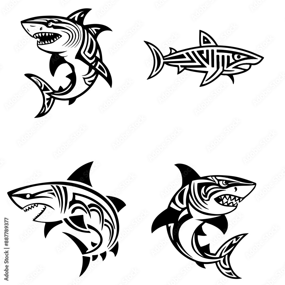 Shark tribal tattoo in Polynesian style. Set of vector monochrome sketches in minimalistic flat style