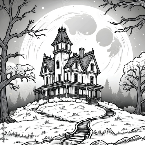 a coloring page drawing of a halloween haunted house on a hill with a full moon behind it