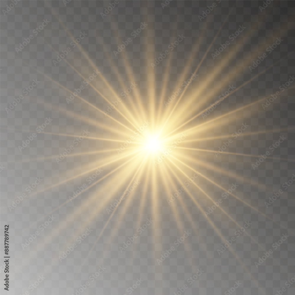 The image depicts a golden light , including sun rays and a dawn effect. The image also includes a gold flare