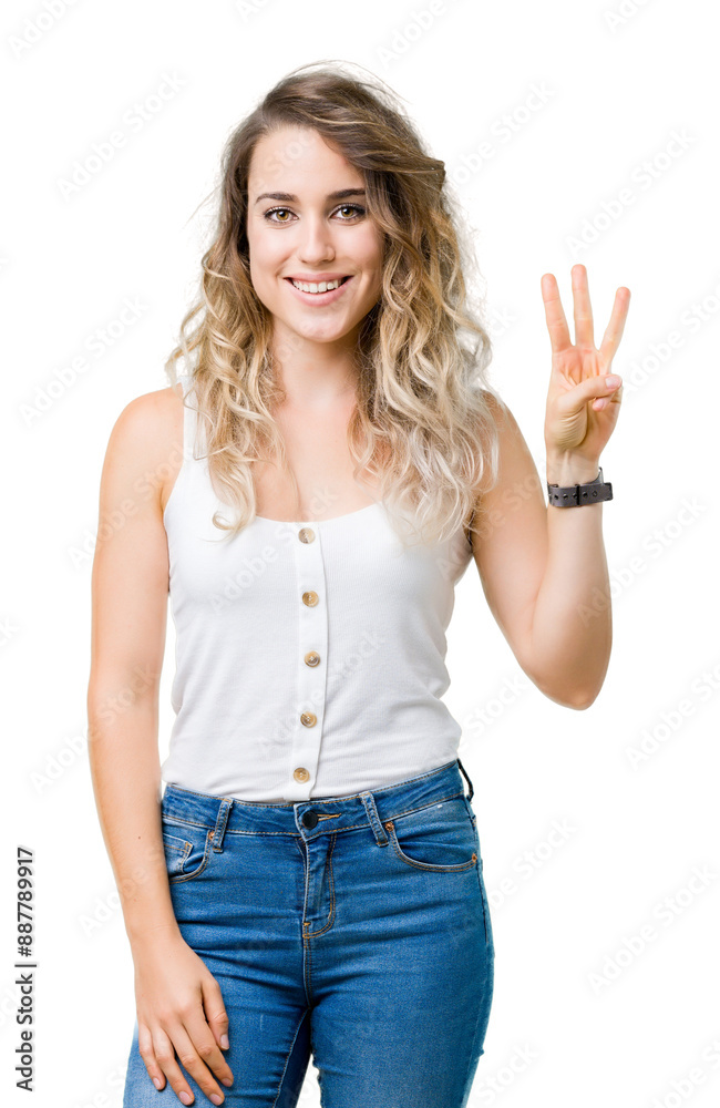 Young beautiful blonde woman over isolated background showing and pointing up with fingers number three while smiling confident and happy. Young beautiful blonde woman over isolated background showing and pointing up with fingers number three while smiling confident and happy.