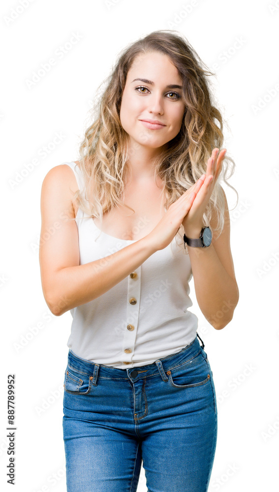 Beautiful young blonde woman over isolated background Clapping and applauding happy and joyful, smiling proud hands together Beautiful young blonde woman over isolated background Clapping and applauding happy and joyful, smiling proud hands together