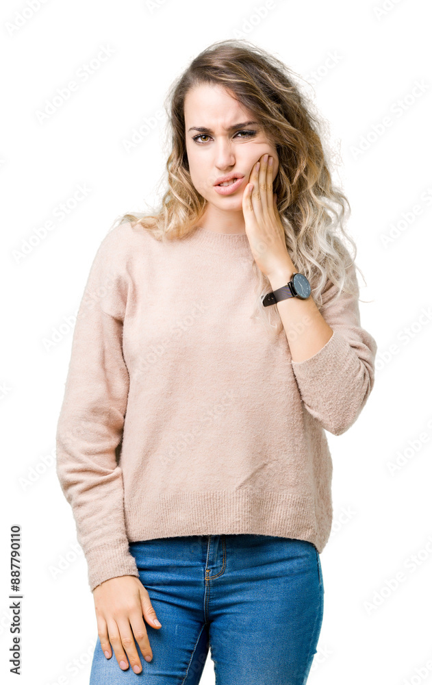 Beautiful young blonde woman wearing sweatershirt over isolated background touching mouth with hand with painful expression because of toothache or dental illness on teeth. Dentist concept. Beautiful young blonde woman wearing sweatershirt over isolated background touching mouth with hand with painful expression because of toothache or dental illness on teeth. Dentist concept.