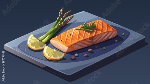 A stylized, cartoon-like illustration depicts a salmon fillet served on a square blue plate. The salmon has a cooked, orange-pink hue and is garnished with slices of lemon and a sprig of parsley. 