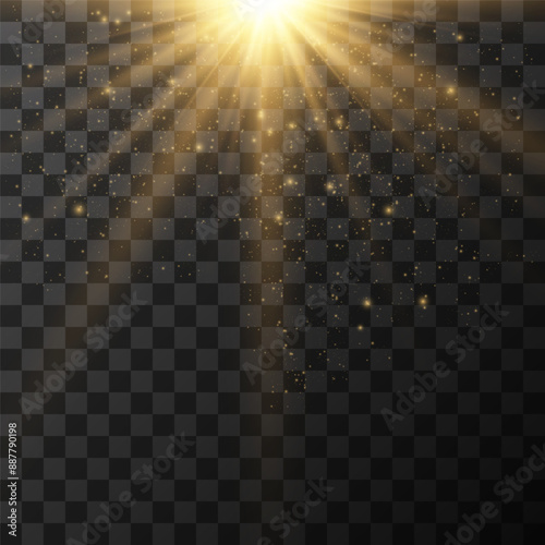 The image depicts a golden light , including sun rays and a dawn effect. The image also includes a gold flare