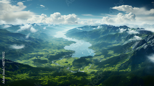 A bird's eye view of a lush green valley with a river flowing through it. The valley is surrounded by mountains, some of which are shrouded in clouds.