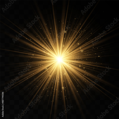 The image depicts a golden light , including sun rays and a dawn effect. The image also includes a gold flare