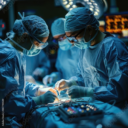 Surgeons working together on a critical procedure in a modern operating room with advanced medical equipment and lighting.