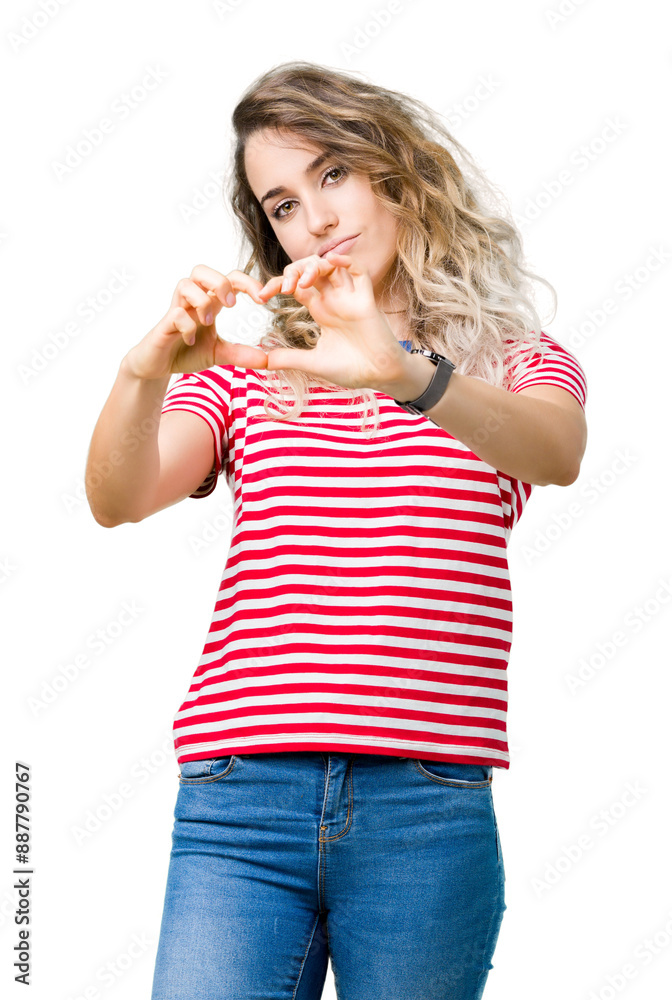 Beautiful young blonde woman over isolated background smiling in love showing heart symbol and shape with hands. Romantic concept. Beautiful young blonde woman over isolated background smiling in love showing heart symbol and shape with hands. Romantic concept.