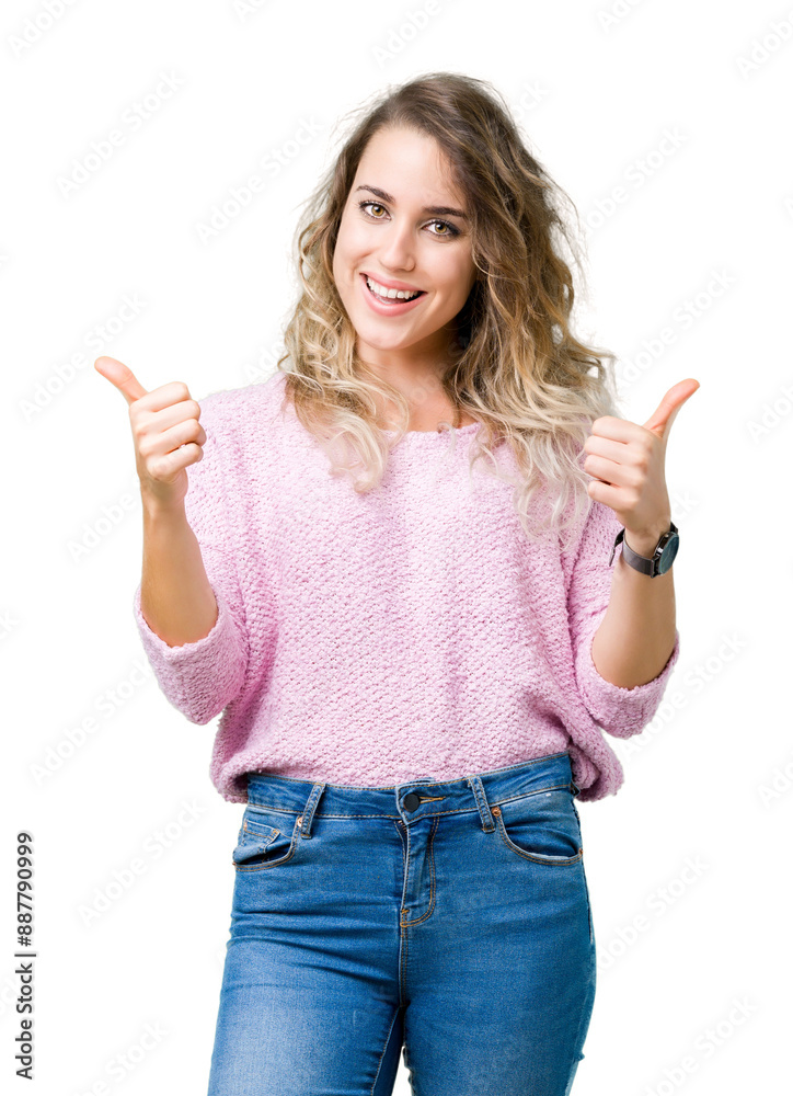 Beautiful young blonde woman over isolated background success sign doing positive gesture with hand, thumbs up smiling and happy. Looking at the camera with cheerful expression, winner gesture. Beautiful young blonde woman over isolated background success sign doing positive gesture with hand, thumbs up smiling and happy. Looking at the camera with cheerful expression, winner gesture.