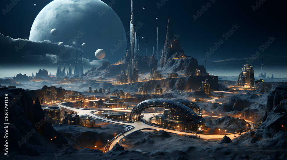 A futuristic city built into a rocky, mountainous landscape on an alien planet beneath other moons and planets in the starry sky.