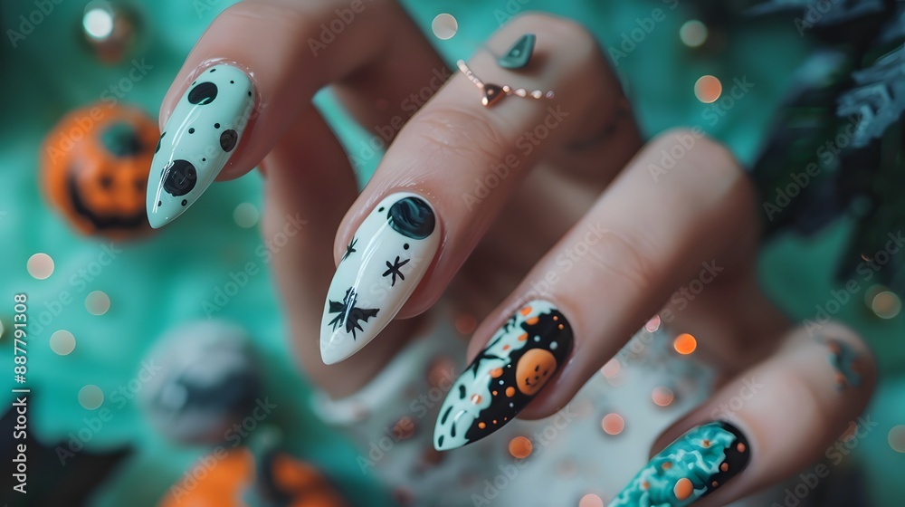 Halloween Nail Art with Jack-o'-Lantern, Stars, and Moons. Halloween Nail Art with Jack-o'-Lantern, Stars, and Moons.