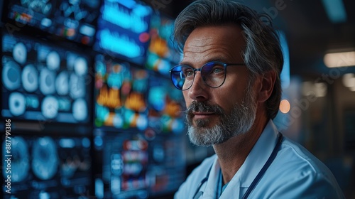 Doctor analyzing medical data on multiple screens in a high-tech healthcare facility, showcasing advanced technology in medical research.