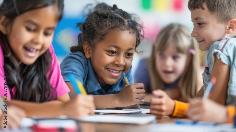 A group of children sitting at a table writing A group of children sitting at a table writing